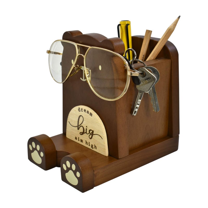 I'm Wood Multipurpose Eyeglass Phone Pen & Pencil Holder Stand Stationery Desk Box Organizer Accessories, Home Office Desktop Decor Birthday Graduation Gifts â€œDream Big Aim Highâ€(Bear) - Image 3